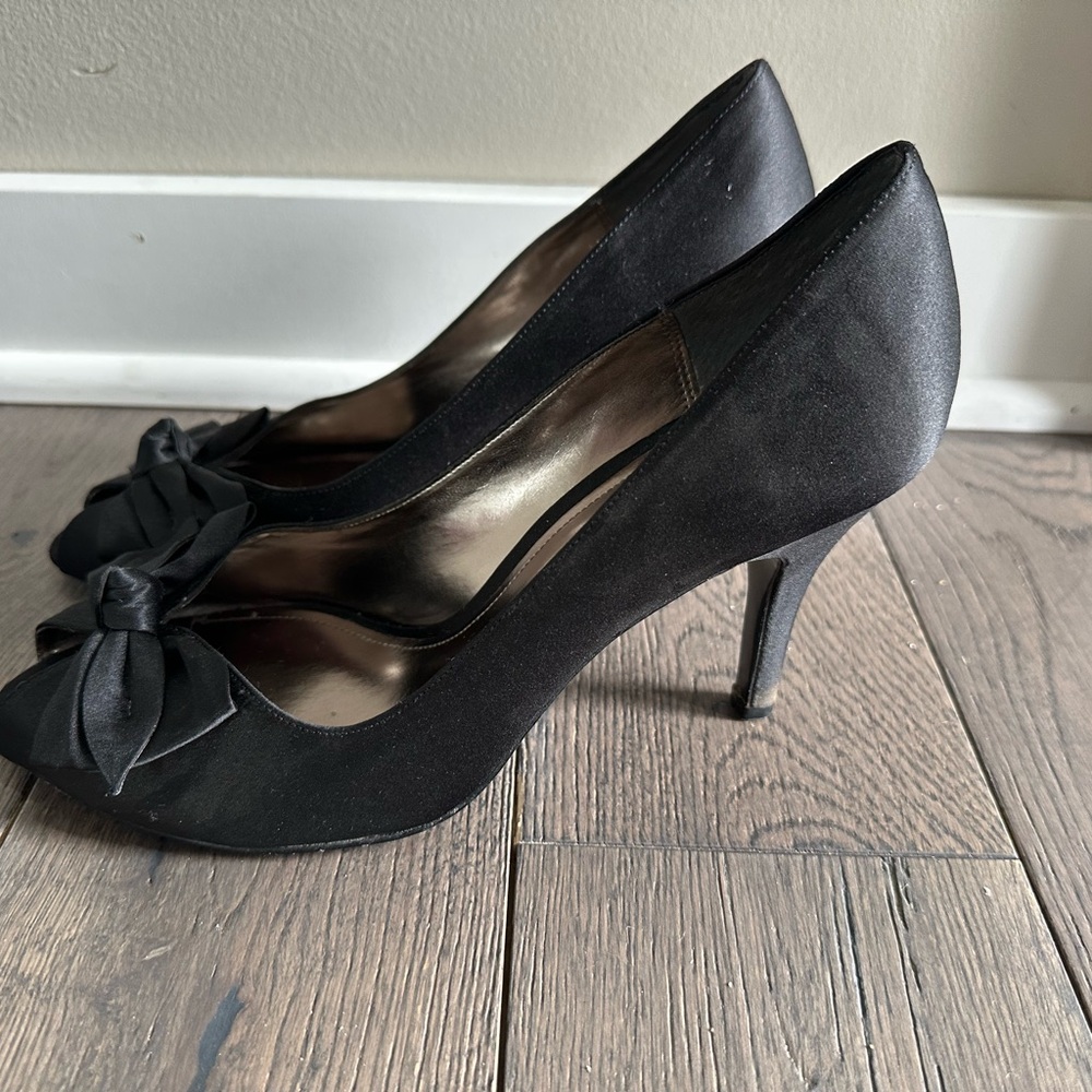 Touch of Nina Black Satin Peep-Toe Heels - Picture 2 of 5